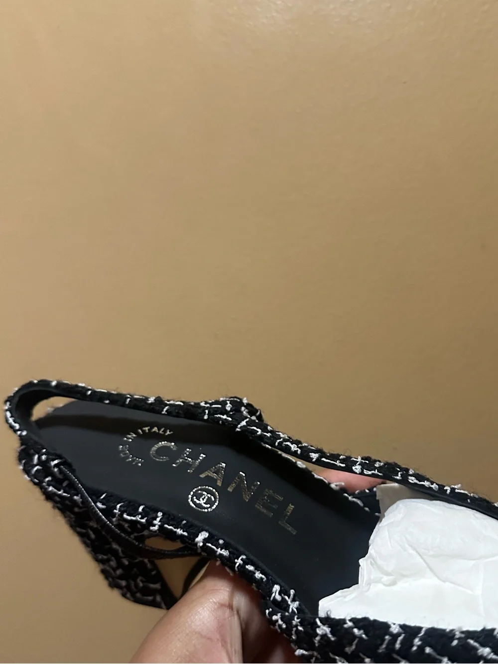 CHANEL Black & White Tweed Slingback Flat